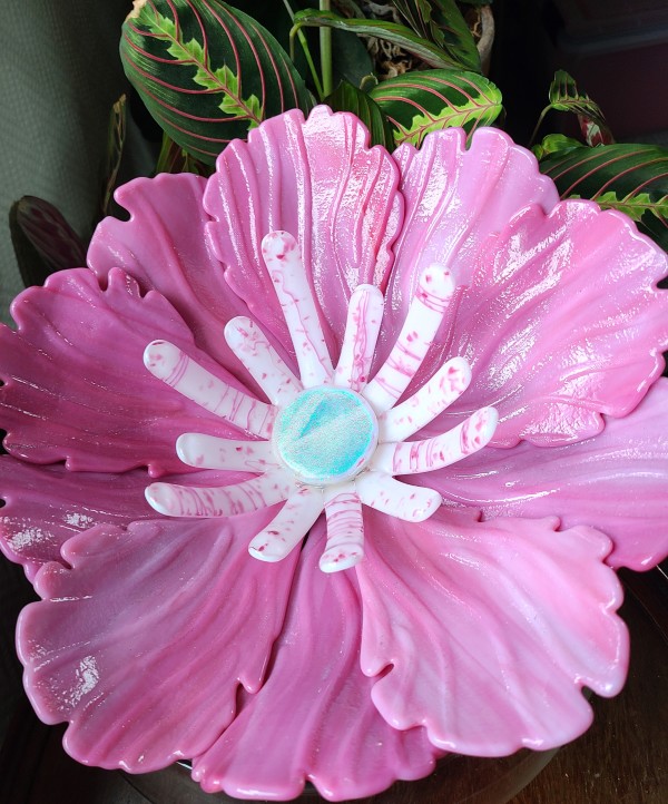 Garden Flower-Pink/White Streaky with White Stamens with Pink Stringer/Frit and Dichroic Center by Kathy Kollenburn