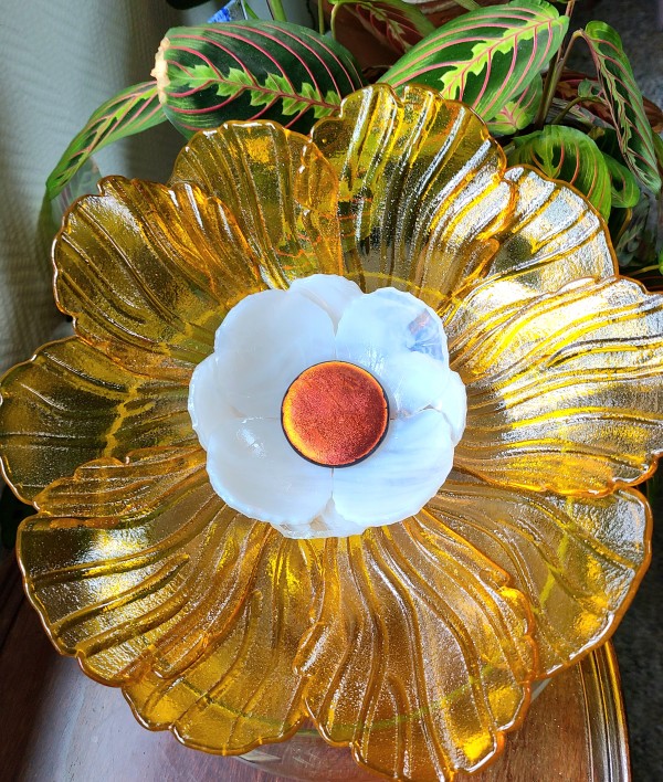 Garden Flower-Marigold with White Streaky Bowl and Dichroic Center by Kathy Kollenburn