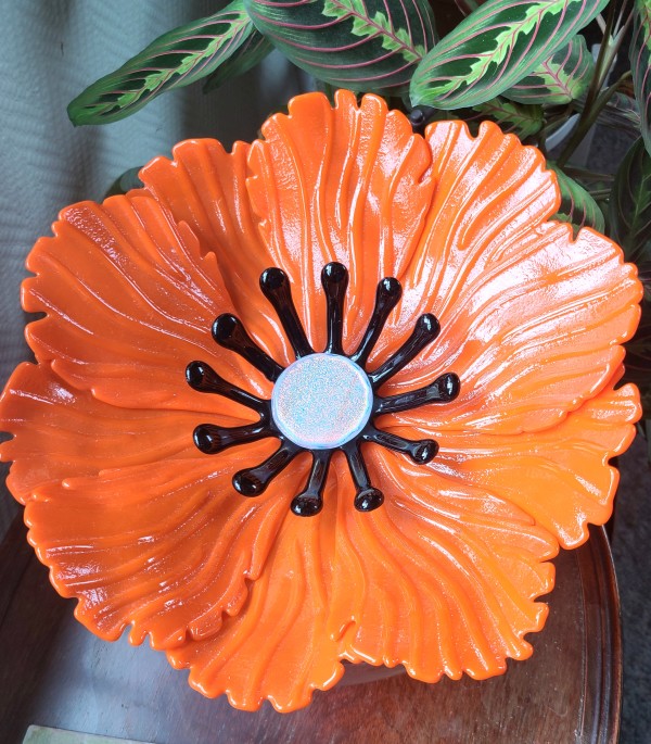Garden Flower-Orange with Black Stamens and Dichroic Center by Kathy Kollenburn