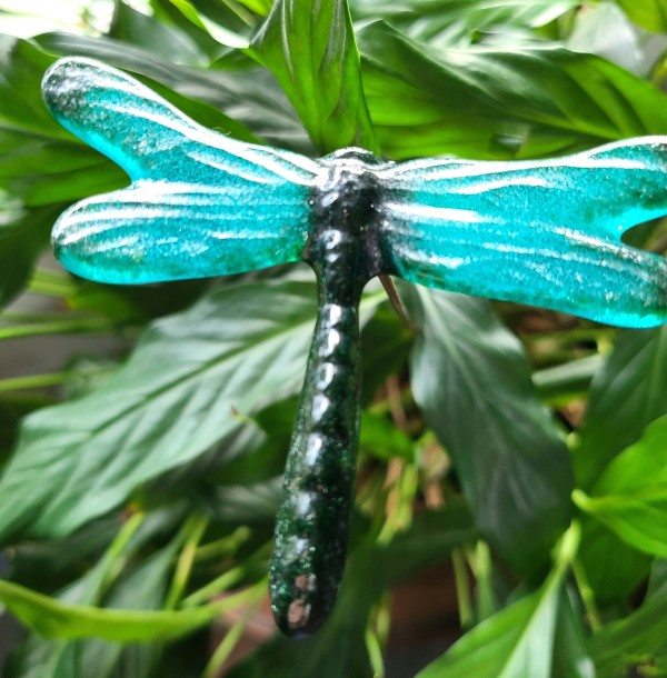 Plant Pick-Dragonfly, Medium-Adventurine Green and Turquoise by Kathy Kollenburn