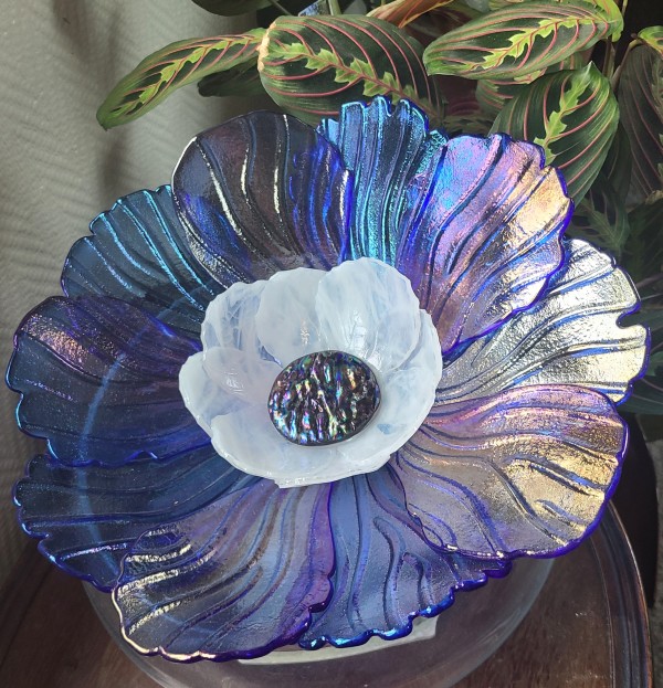 Garden Flower-Sky Blue Irid with White Streaky Bowl and Dichroic Center by Kathy Kollenburn