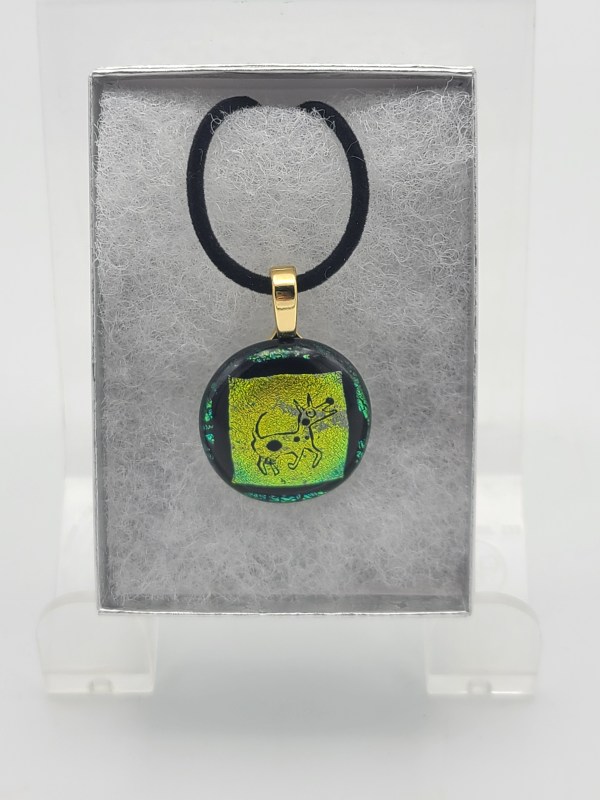 Necklace-Etched Dog on Green Dichroic Circle by Kathy Kollenburn