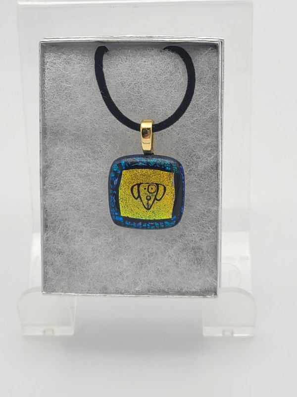 Necklace-Gold Etched Dog Head on Blue Patterned Dichroic by Kathy Kollenburn