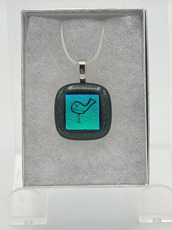 Necklace-Small Bird on Dichroic on Adventurine by Kathy Kollenburn