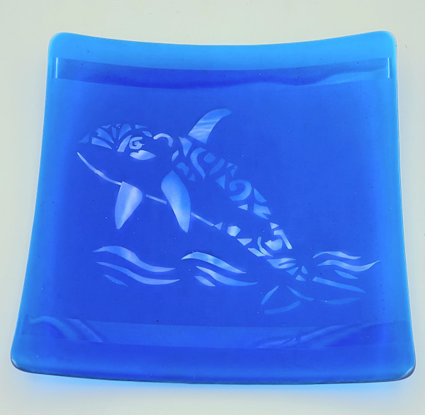 Plate with Sandblasted Orca on Blue by Kathy Kollenburn