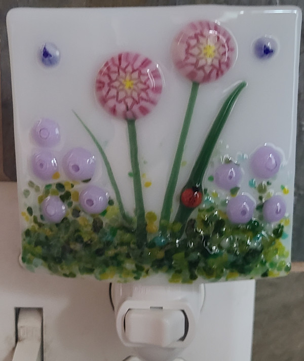Nightlight-Pink Chysanthemums and Purple Zinnias by Kathy Kollenburn