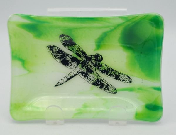 Soap Dish/Spoon Rest-Green/White Streaky with Dragonfly by Kathy Kollenburn