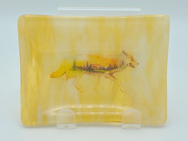Soap Dish/Spoon Rest-Amber Streaky with Coyote Scene by Kathy Kollenburn