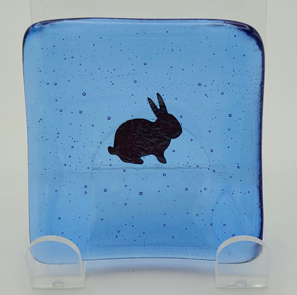 Trinket Dish-Blue with Copper Bunny by Kathy Kollenburn