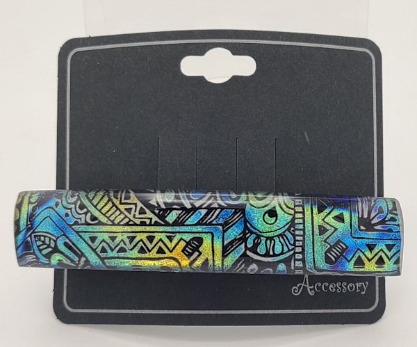 Barrette-Geometric Illustration Patterned Dichroic in Blues/Golds by Kathy Kollenburn