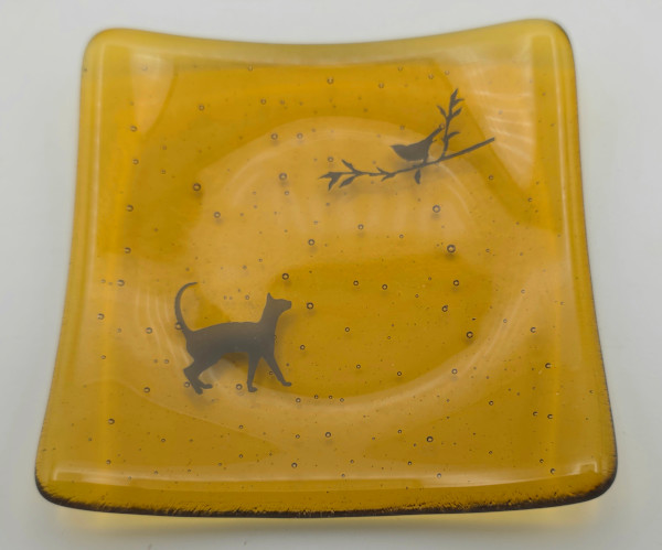Small Plate-Cat and Bird on Amber by Kathy Kollenburn