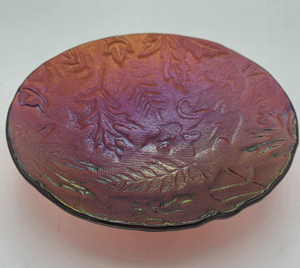 Small Bowl-Impressed Leaf Patterm on Sunset Coral Irid by Kathy Kollenburn