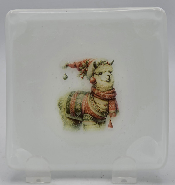 Small Plate-White with Christmas Alpaca by Kathy Kollenburn