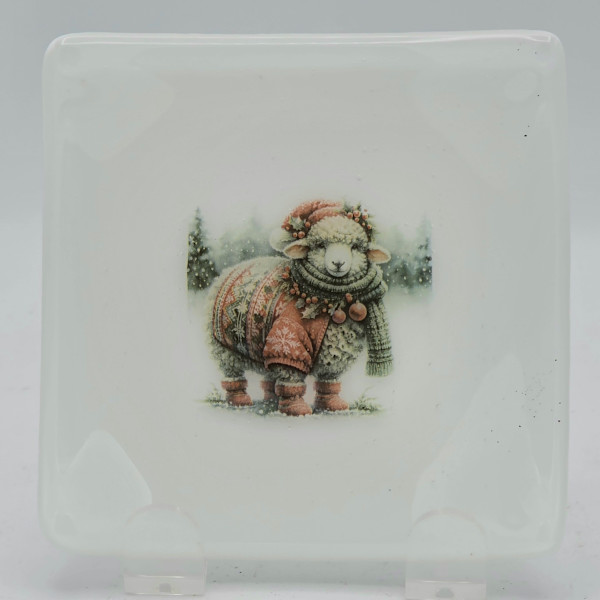 Small Plate-White with Christmas Sheep by Kathy Kollenburn