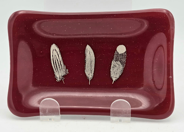 Soap Dish/Spoon Rest-Red with Silver Feathers by Kathy Kollenburn