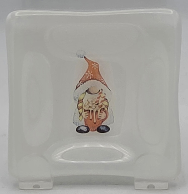Small Dish-Santa Girl Gnome on White by Kathy Kollenburn