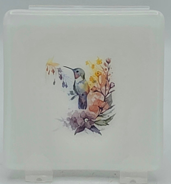 Small Plate-White with Hummingbird on Branch with Flowers by Kathy Kollenburn