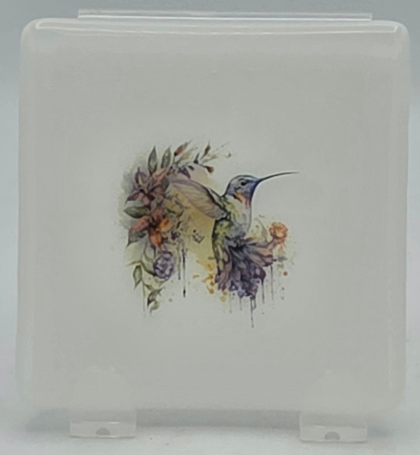 Small Plate-White with Hummingbird Flying in Flowers by Kathy Kollenburn