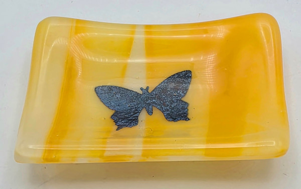 Trinket Dish-Butterfly on Orange/White Streaky by Kathy Kollenburn