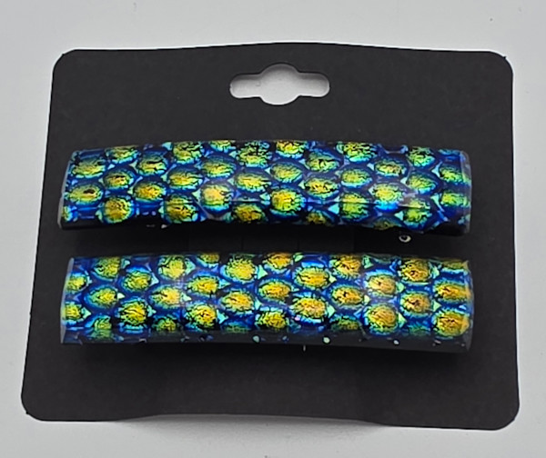 Barrette Pair-Dichroic with Circles in Gold to Turquoise Colors by Kathy Kollenburn