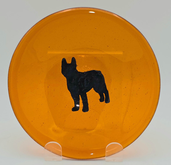 Round Bowl, Orange Transparent with Copper Dog by Kathy Kollenburn, Image 19.