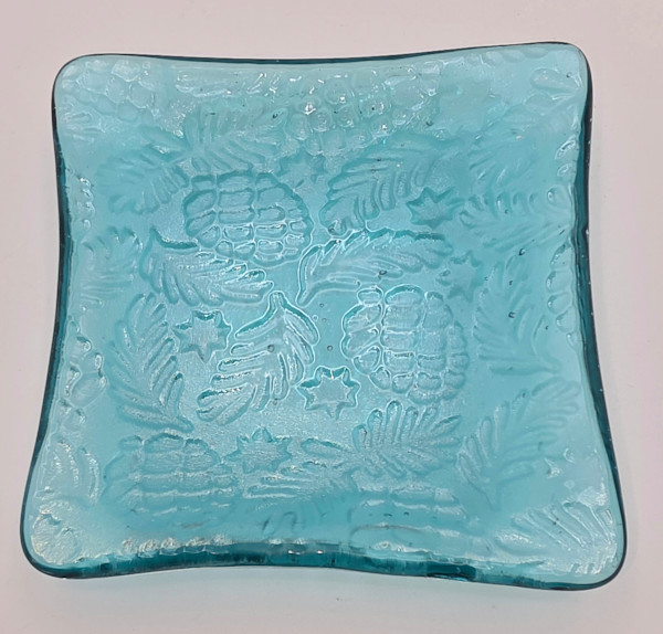 Small Dish-Lt Turquoise Blue Irid with Pinecone Impression by Kathy Kollenburn, Image 6.