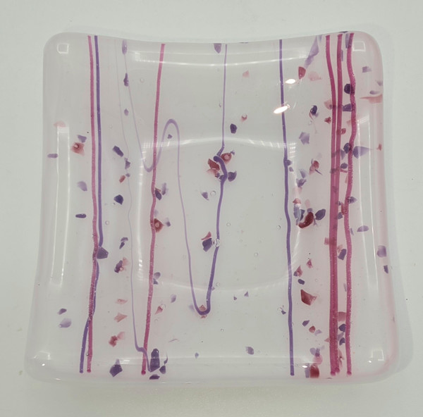 Trinket Dish-White with Pink and Purple Stringer and Frit by Kathy Kollenburn, Image 7.