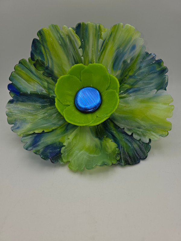 Garden Flower-Spring Green/White/Cobalt Streaky, Spring Green Bowl and Dichroic Center by Kathy Kollenburn, Image 10.