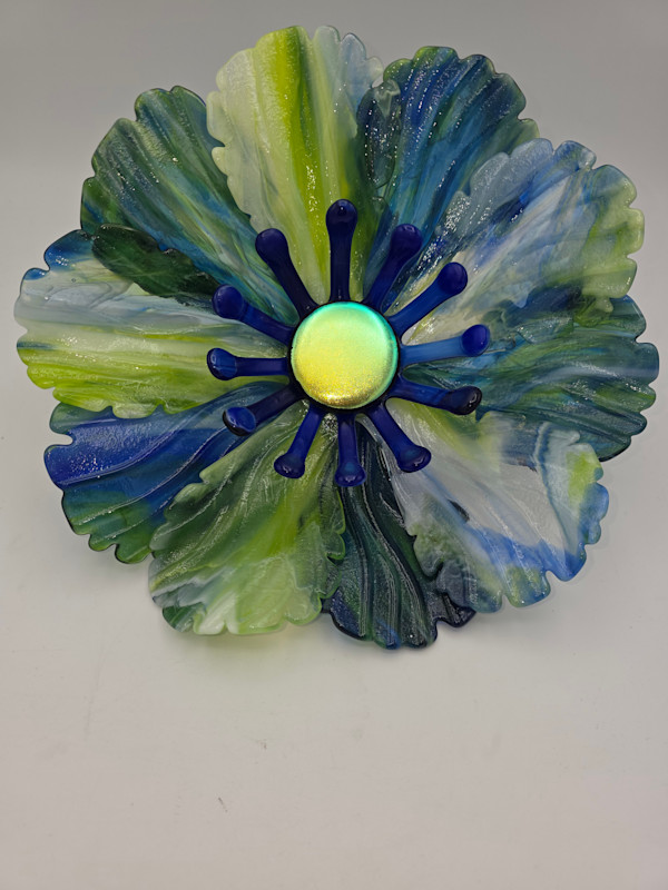 Garden Flower-Spring Green/White/Cobalt Streaky, Blue Stamens and Dichroic Center by Kathy Kollenburn, Image 9.