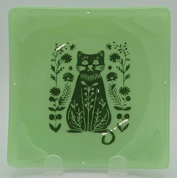 Plate-Floral Rounded Cat in Mint Green by Kathy Kollenburn, Image 3.