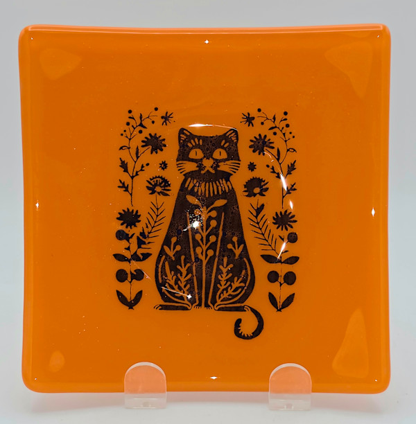 Plate-Floral Rounded Cat in Orange by Kathy Kollenburn, Image 4.
