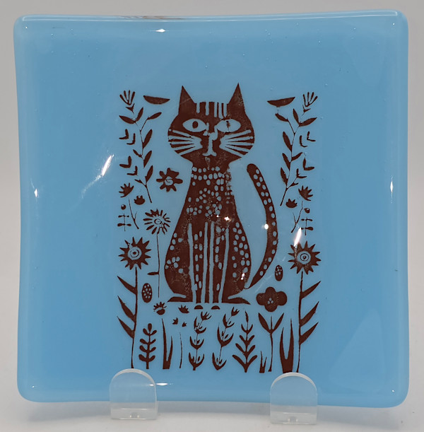 Plate-Floral Pointy Cat in Cyan by Kathy Kollenburn, Image 1.