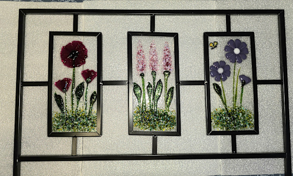Border Trellis with Botanical Panels-Cranberry Poppies, Pink Spires, Purple Daisies by Kathy Kollenburn, Image 2.