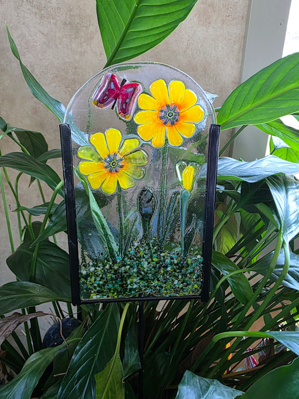 Garden Stake-Yellow Daisies with Butterfly by Kathy Kollenburn, Image 1.