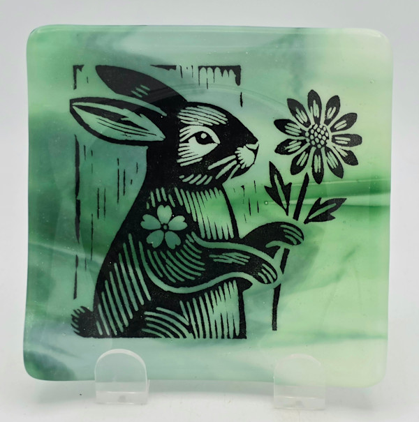 Small Plate-Woodcut Rabbit with Flowers on Green Streaky by Kathy Kollenburn, Image 11.