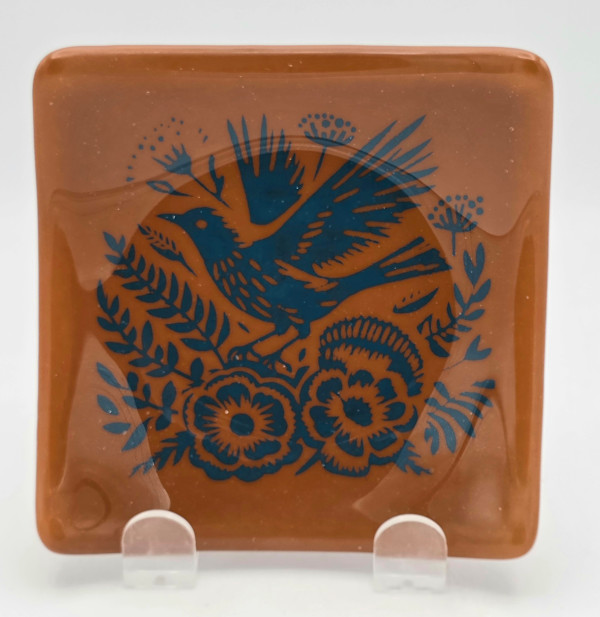 Small Plate-Turquoise Floral Bird on Brown by Kathy Kollenburn, Image 10.