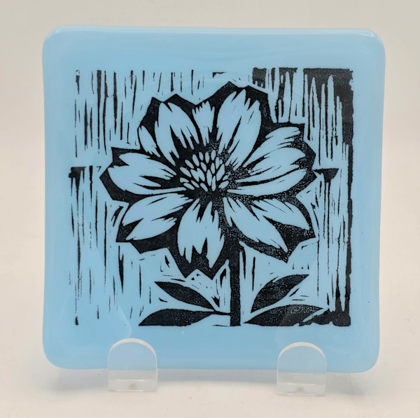 Small Plate-Woodcut Flower on Glacier Blue by Kathy Kollenburn, Image 8.