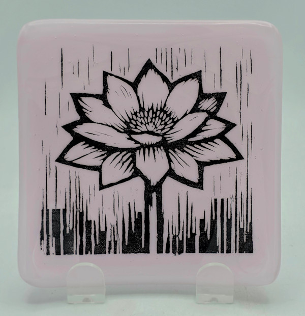 Small Plate-Woodcut Flower on Petal Pink by Kathy Kollenburn, Image 7.