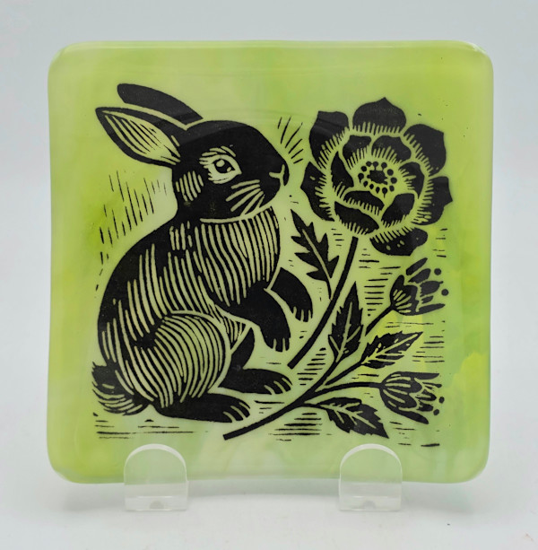 Small Plate-Woodcut Rabbit and Flower on Green/White Streaky by Kathy Kollenburn, Image 1.