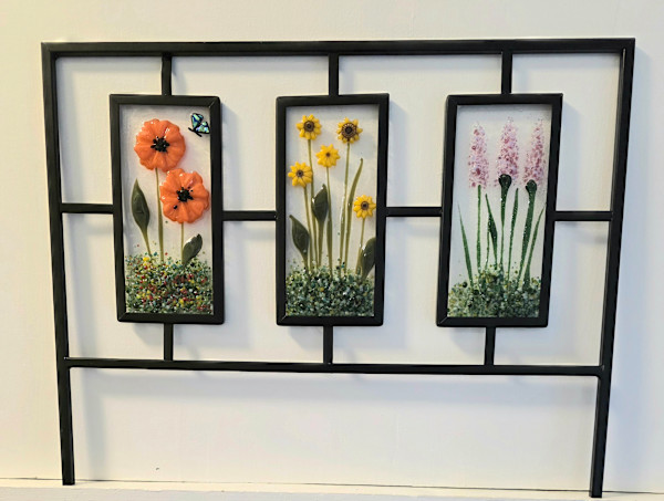 Border Trellis with Botanical Panels-Orange Poppies, Sunflowers, Pink Spire Flowers by Kathy Kollenburn, Image 1.