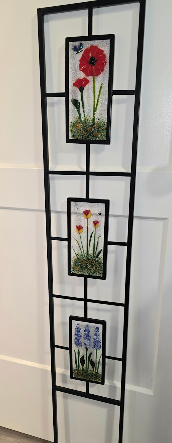 Trellis with Red Poppies, Yellow/Red Tulips, and Blue Delphiniums by Kathy Kollenburn, Image 1.