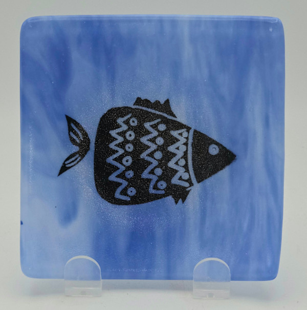 Small Plate-Fish on Blue/White Streaky by Kathy Kollenburn, Image 1.