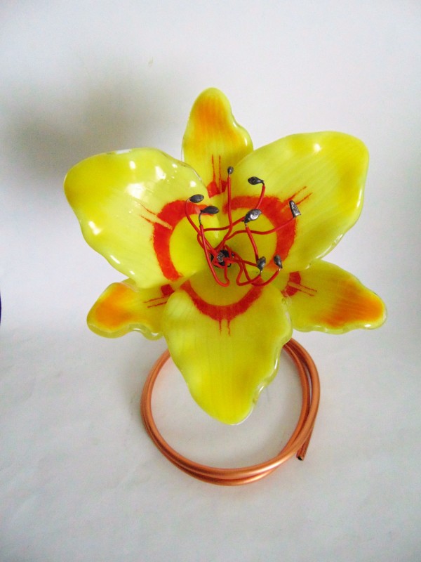 Garden Lily on Copper Stand-Yellow/Red by Kathy Kollenburn
