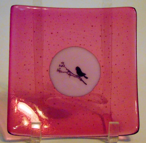 Plate-Ruby Tint with Pink Center and Bird on a Branch by Kathy Kollenburn