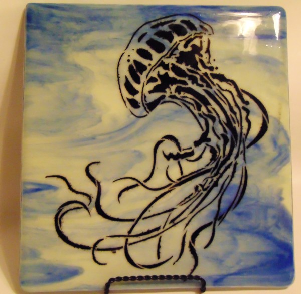 Jellyfish on blue/white streaky with stand by Kathy Kollenburn