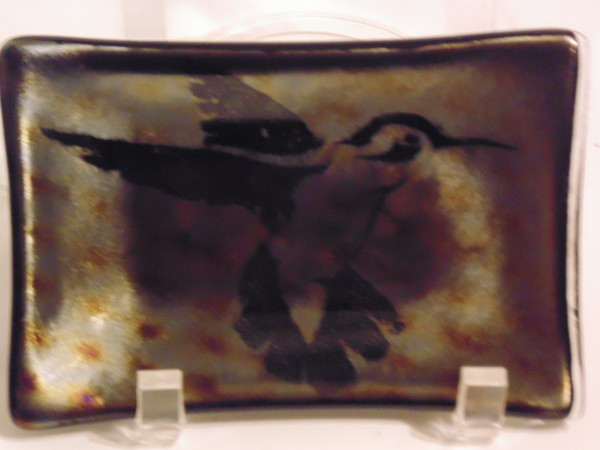 Soap Dish-Hummingbird in Irid/Fish scale background by Kathy Kollenburn