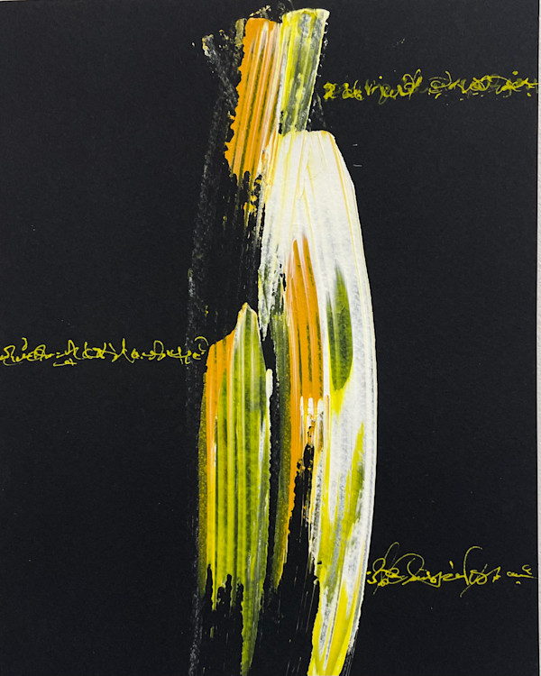 Yellow White Abstract Asemic on Black Paper by Leah Souffrant, Image 1.