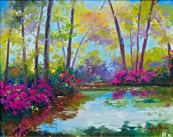 "Azalea Reflections" Original Oil Painting 16"x20" by Schaefer/Miles Fine Art Inc. Kevin D. Miles & Wendy Sue Schaefer-Miles, Image 1.