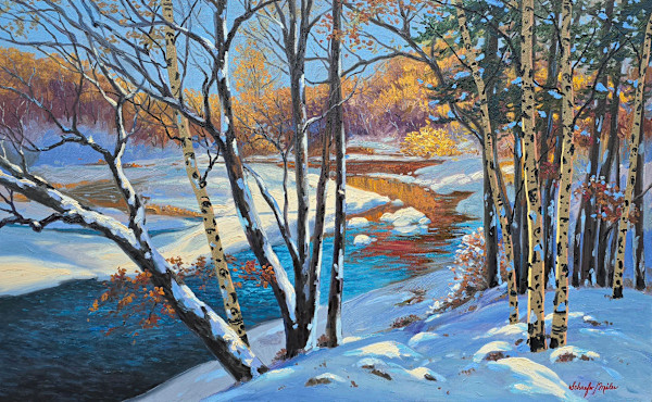 Golden Winter River Oil 30x48 by Schaefer/Miles Fine Art Inc. Kevin D. Miles & Wendy Sue Schaefer-Miles