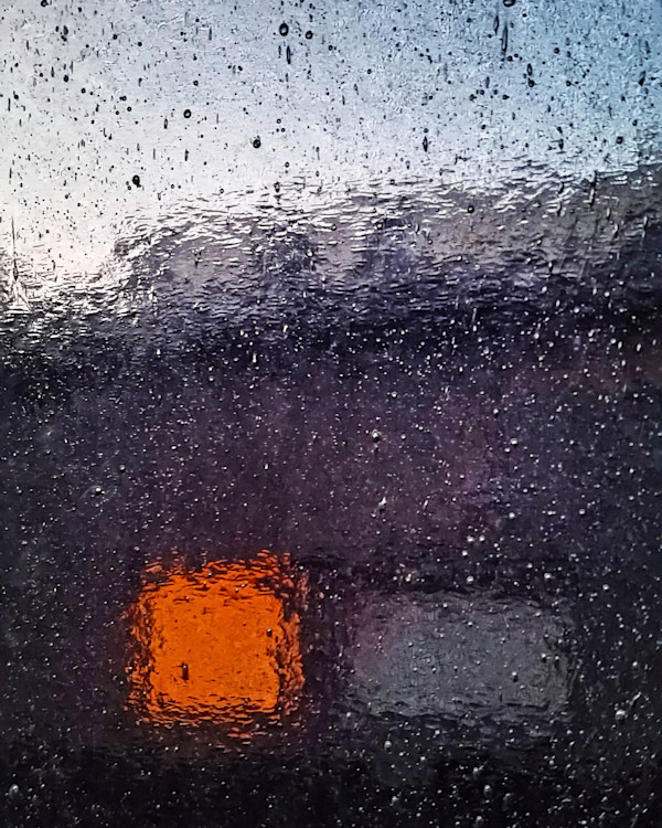Window glass abstract, orange square and blue sky by Allison Kendall, Image 1.